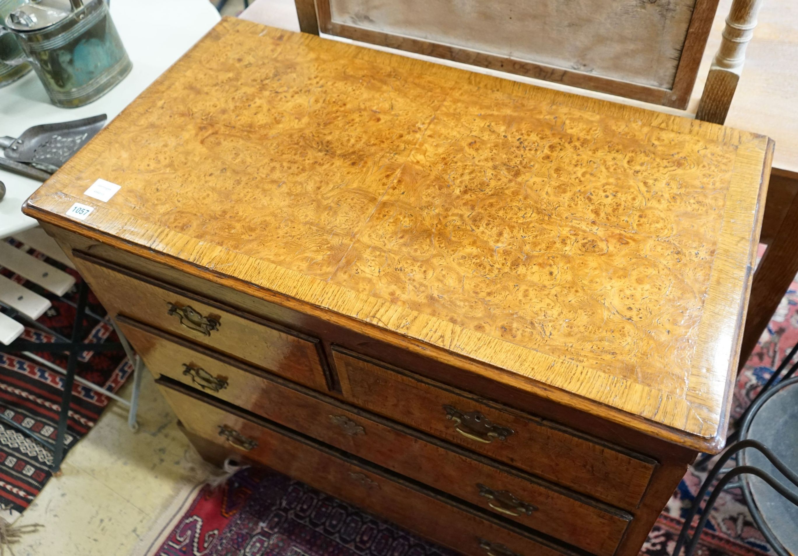 A George III and later banded pollard oak four drawer chest on bracket feet, width 93cm, depth 49cm, height 84cm